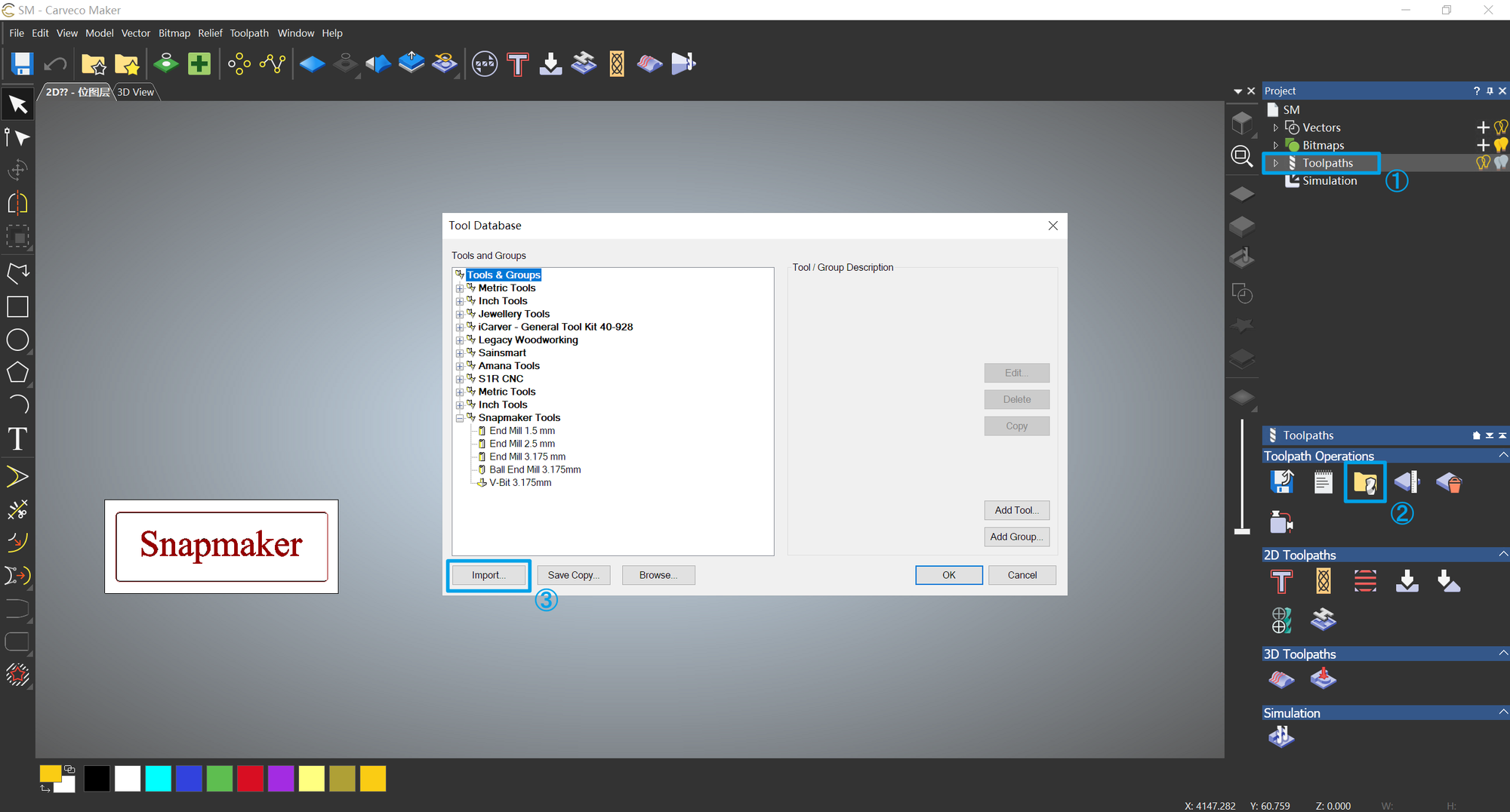 click Import.., select the .tdb file in the ArtCAM folder of the post and tool library, and click Open