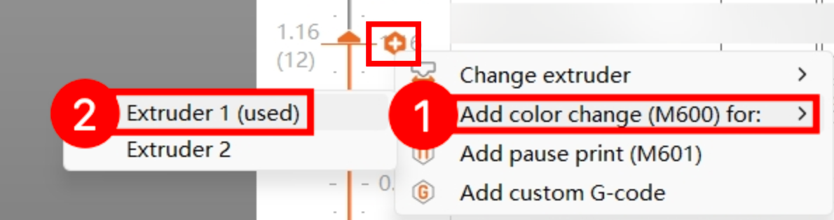 Right click the plus sign that appears beside, click Add color change (M600) for: and select the Extruder 1 to add the filament changing command at that layer.