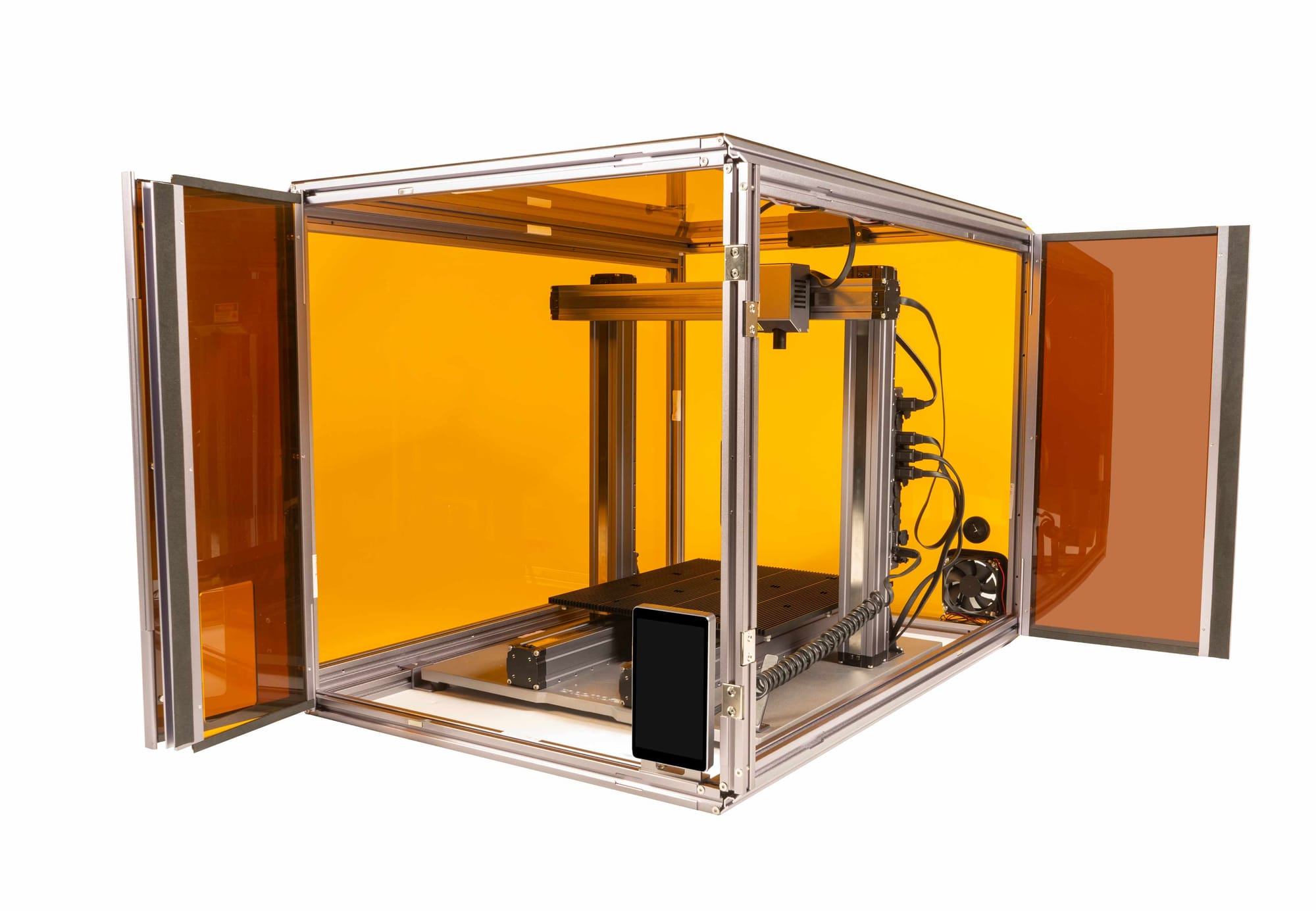 3D printer with open enclosure.