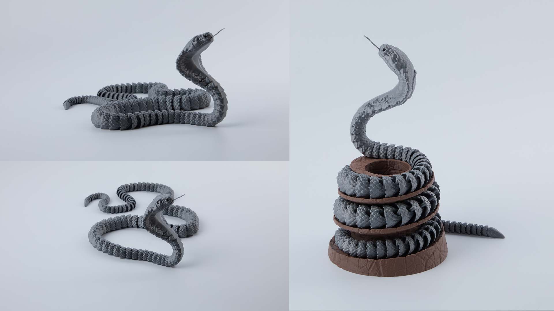 3D printed articulated cobra pen holder, shown in various poses: coiled, head raised, fully extended, wrapped around, tightly coiled around a round pen holder that mimics a tree stump.