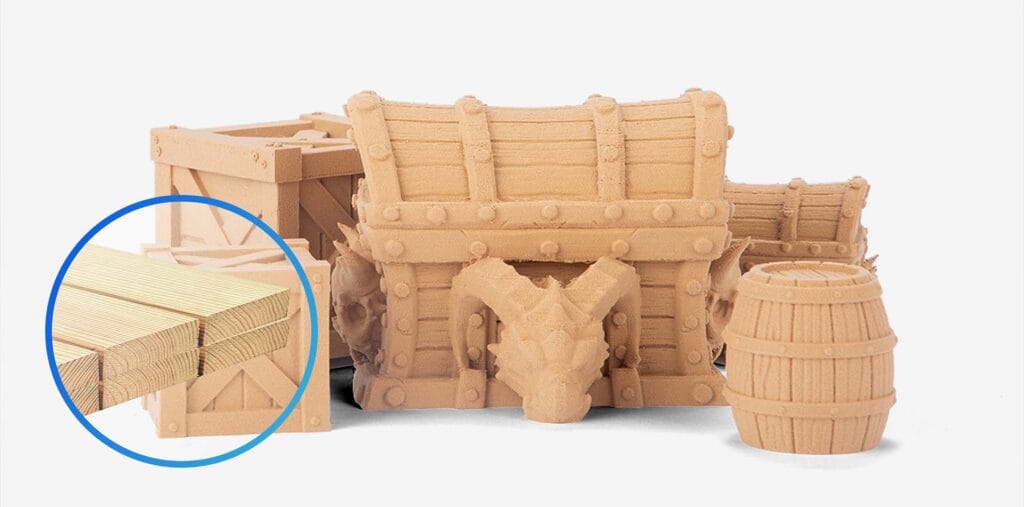 3D-printed miniature structure made from wood filament with intricate design details.