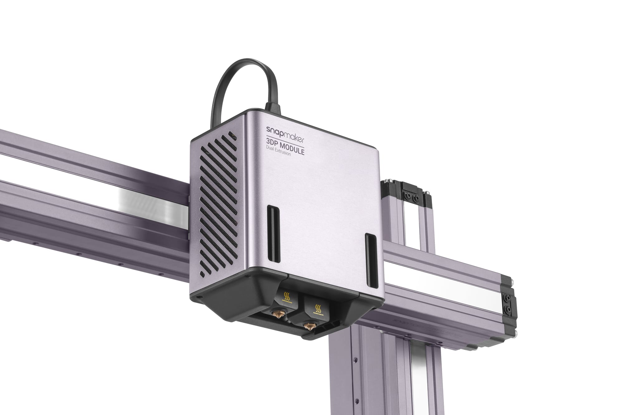 studio shot of the Snapmaker Dual Extrusion 3D printing module mounted on the rail, illustrating the hardware responsible for pushing plastic.
