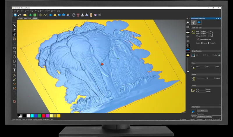 A computer monitor displaying a detailed 3D relief model of an elephant within a CAD/CAM software interface, illustrating the digital design parameters used before CNC carving.