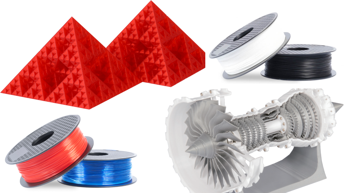 A collage displaying PLA and PETG filaments and their completed projects, including a PETG complex red fractal pyramid, a PLA functional jet engine turbine model.