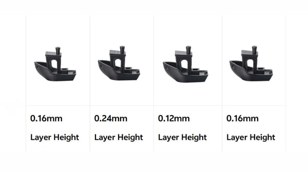 Four 3D printed Benchy with different layer height