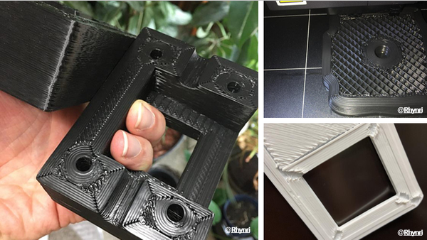 A collage showing three examples of 3D printer under-extrusion, featuring a black bracket with missing wall layers, a base layer with large gaps, and a white square with weak, spongy corners.