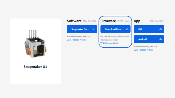 A screenshot of the Snapmaker U1 support interface with the manual firmware download section highlighted, showing where users can access the latest Klipper update files.